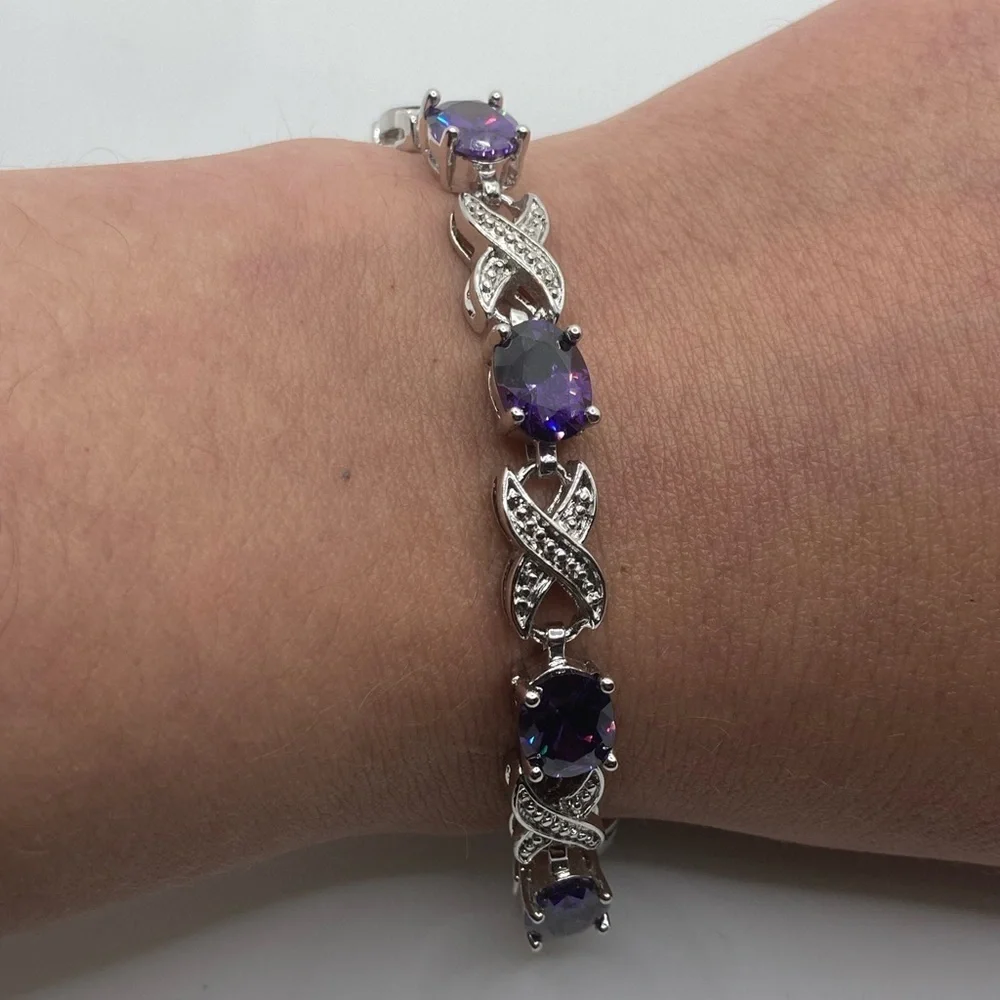 Silver Tone Purple Stone XO Costume Bracelet - 7.2” - Picture 2 of 4